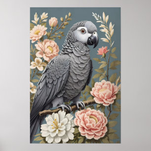 Poster Papagaio-Cinza Africano Gordo Com Florais Elegante