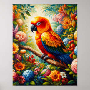 Poster Papagaio Sun Conure com Flores Coloridas