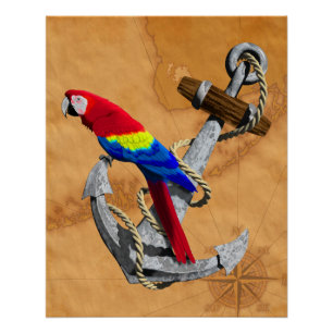 Pôster Papagaio Tropical E Âncora