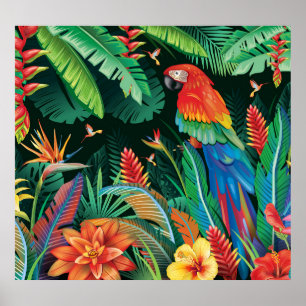 Poster Papagaio Tropical: Fundo Floral Exótico.