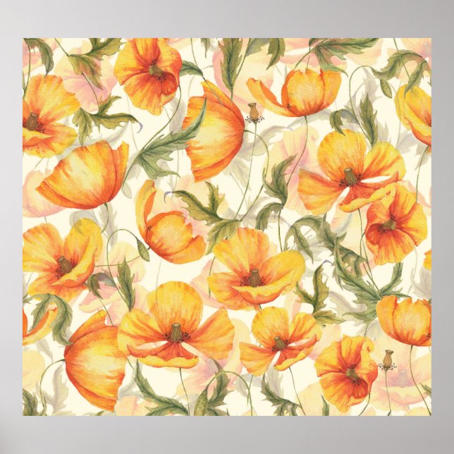 Poster Papagaios amarelos: padrão de aquarela desenhado à (Frente)