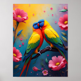 Poster Papagaios belas cores e flores