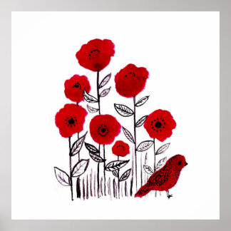 Poster Papagaios e pintura aquosa de passarinho vermelho