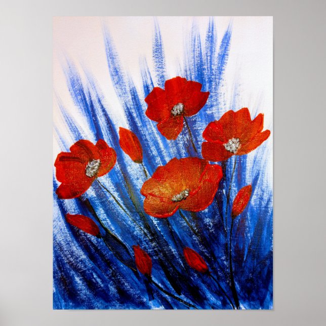 Poster Papagaios vermelhos na grama azul (Frente)