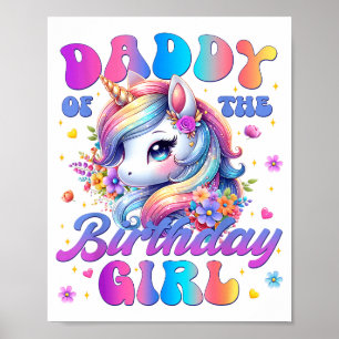 Poster Papai da Menina do Aniversário Unicórnio Flor Famí