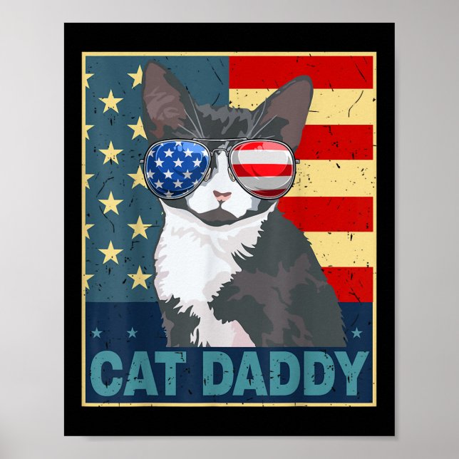 Poster Papai Gato Bandeira Americana 4 de Julho Dia do Pa (Frente)