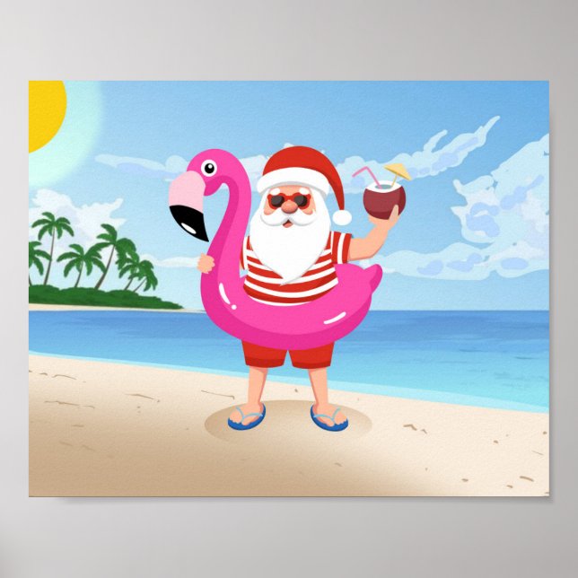 Poster Papai Noel com anel inflável flamingo (Frente)
