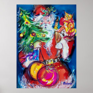 Pôster Papai Noel com árvore de Natal e presentes