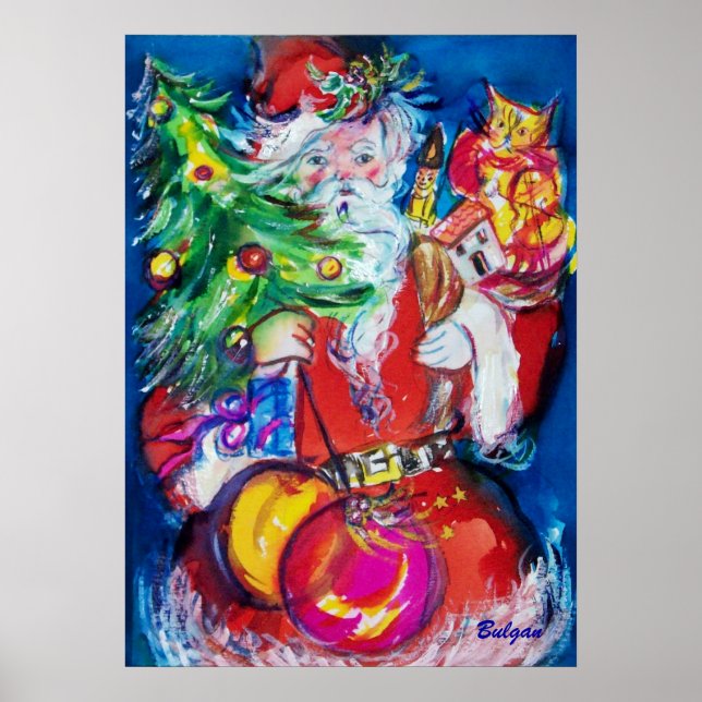 Pôster Papai Noel com árvore de Natal e presentes (Frente)