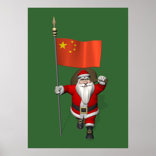 Pôster Papai Noel Com Bandeira Da China (Frente)