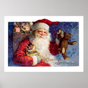 Poster Papai noel com ursinho e Krampus em uma caixa