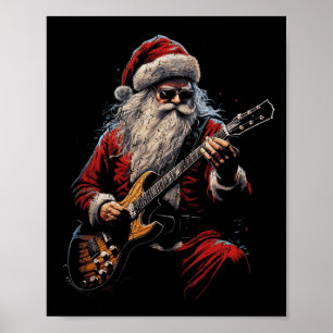 Poster Papai Noel de Guitarra de Rock Tocando Guitarra -