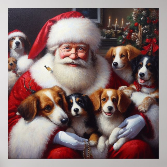 Poster Papai Noel de Natal com Cães 2 (Frente)