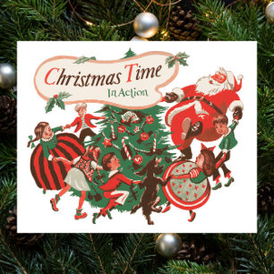 Poster Papai Noel de Natal Vintage e Crianças Dançando