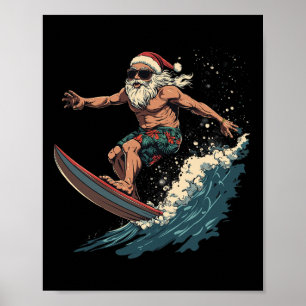 Poster Papai Noel Divertido Fazendo Surf no Havaí Ondas d