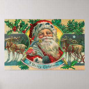 Poster Papai noel do Feliz Natal e cena da rena