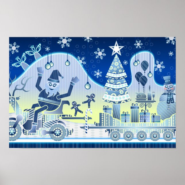 Pôster Papai Noel do Natal Azul Árvore do Cartaz do Bonec (Frente)