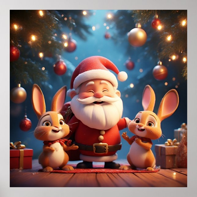 Poster Papai Noel e Dois Coelhos Cheios (Frente)