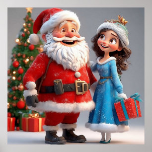 Poster Papai Noel e Donzela de Neve Celebrando o Natal