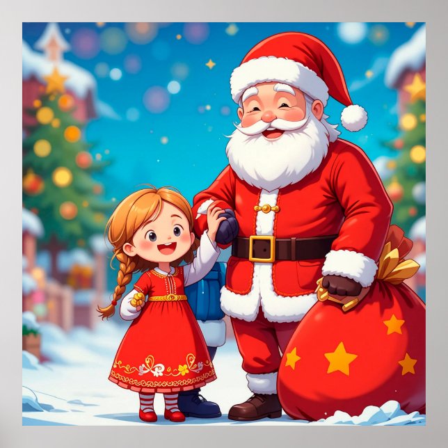 Poster Papai Noel e Menina com um Saco de Presentes (Frente)