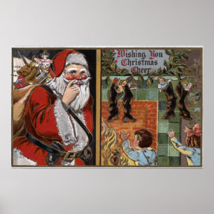 Poster Papai noel e miúdos que olham acima a chaminé