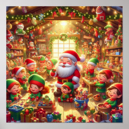 Poster Papai Noel e seus duendes fofinhos em sua oficina