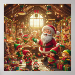 Poster Papai Noel e seus Elfos na Oficina de Natal na Par
