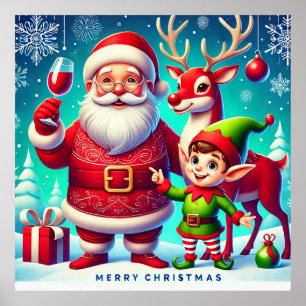Poster Papai Noel, Elfo e Rena em um Natal Festivo