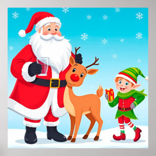 Poster Papai Noel, Elfo e Rena em um Natal Festivo