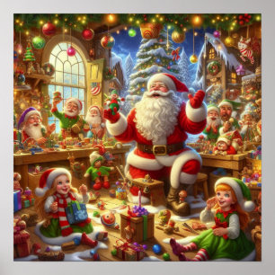 Poster Papai Noel em sua Oficina de Natal com Brinquedos