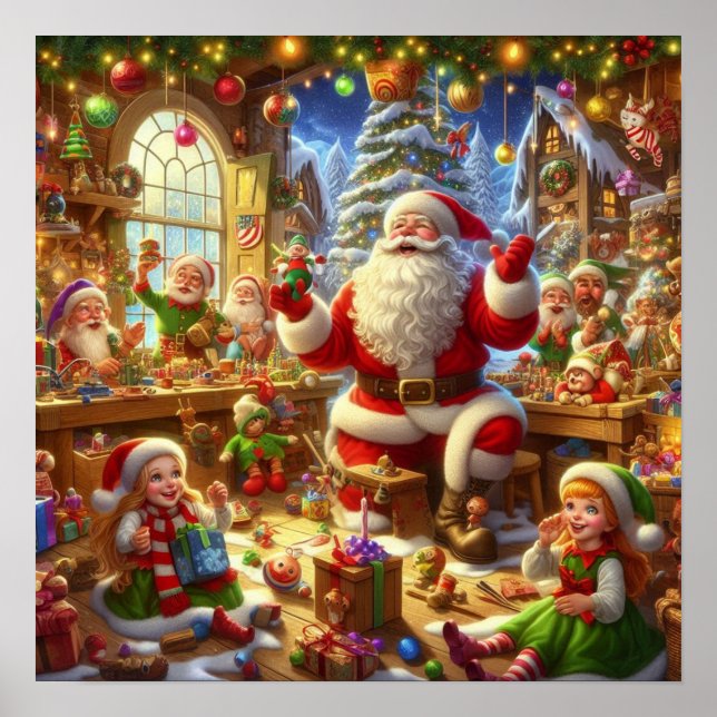 Poster Papai Noel em sua Oficina de Natal com Brinquedos  (Frente)