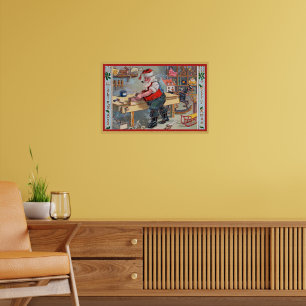 Poster Papai Noel em sua oficina, obra de arte vintage,