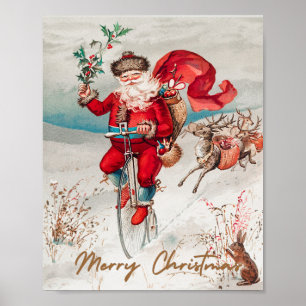 Poster Papai Noel em um penny farthing com renas