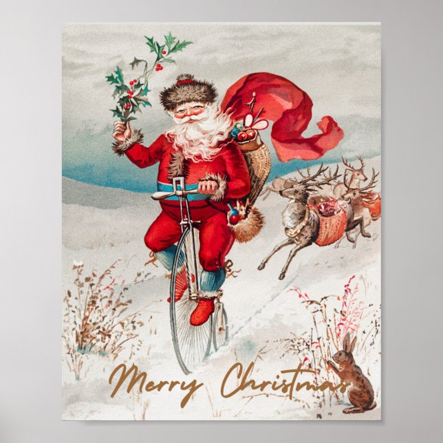Poster Papai Noel em um penny farthing com renas (Frente)