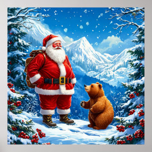 Poster Papai Noel Encontra Urso Amigável na Montanha Neva