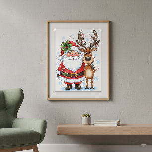 Poster Papai Noel engraçado e Abraço de Natal dos Rena