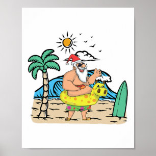 Poster Papai Noel Engraçado na Praia Tropical Natal de Ve