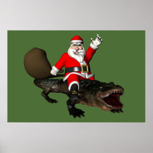 Poster Papai Noel Festivo Cavando Um Alligador