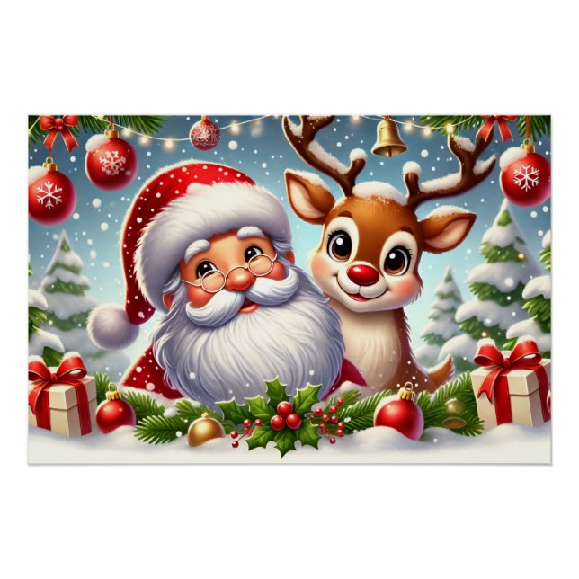 Pôster Papai Noel Festivo e Reindeer no Natal (Frente)