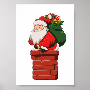 Poster Papai Noel Fofo Entrando na Chaminé com Saco de Pr