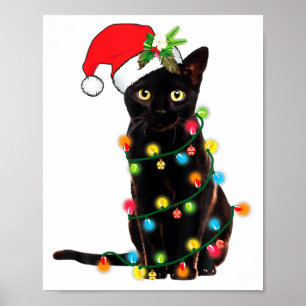 Poster Papai Noel Gato Preto Enroscado Em Luzes De Natal