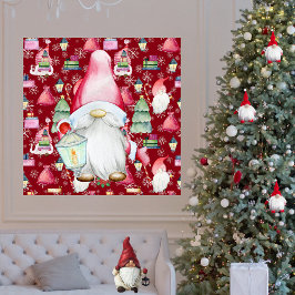 Poster Papai Noel Gnomo de Natal & Fundo de Padrão Vermel