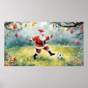 Poster Papai Noel jogando futebol no campo de Natal