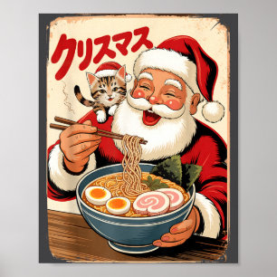 Poster Papai Noel Kawaii Comendo Macarrão Ramen Natal Jap