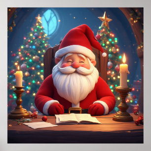 Poster Papai Noel Lendo um Livro à Luz de Velas