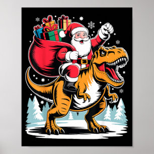 Poster Papai Noel montando dinossauro T Rex Natal Meninos