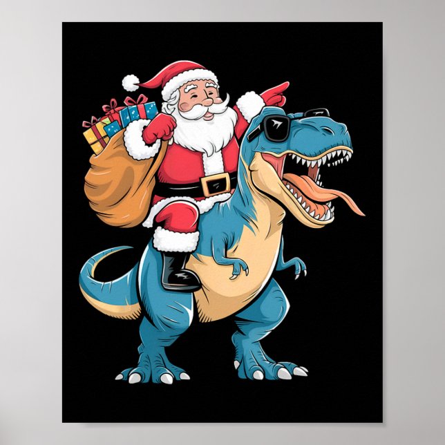 Poster Papai Noel Montando Dinossauro T Rex Natal Meninos (Frente)