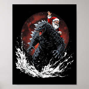 Poster Papai Noel Montando o Monstro Japonês Kaiju para C