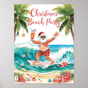 Poster Papai Noel Natal em julho na praia surfista