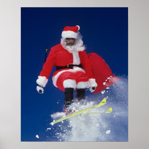 Pôster Papai Noel no salto de esquis fora de um cornice